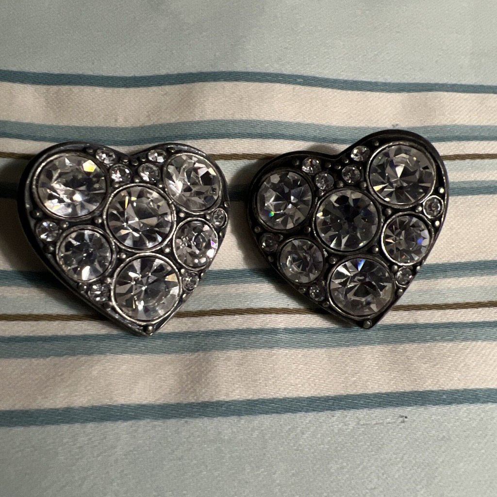 Vintage Kirks Folly Heart Earrings Signed Foil Back Clip On Rhinestone Sparkly